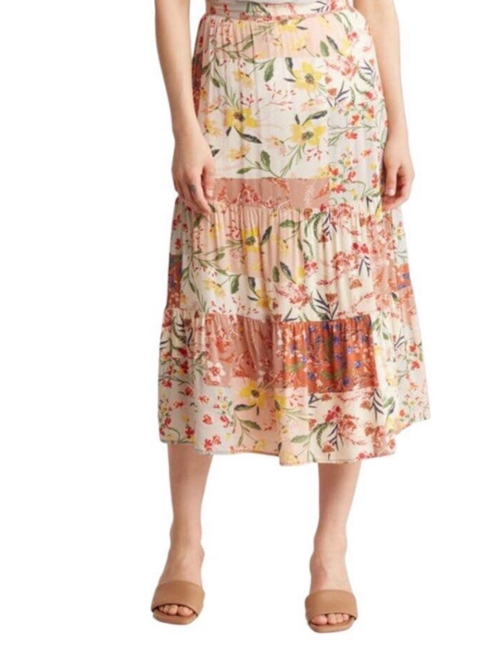 Tahari Floral Tiered Midi Skirt - patchwork print